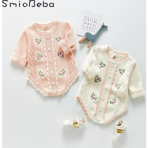 Baby Girls Knitted One-piece Bodysuits Long Sleeve Embroidered Flower Princess Triangle Catkins Ropa Para Bebes Toddler Costume
