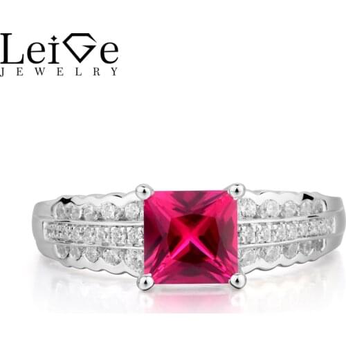 Leige Jewelry Ruby Wedding Ring Red Ruby Ring July Birthstone Princess Cut Red Gemstone 925 Sterling Silver Gifts for Women