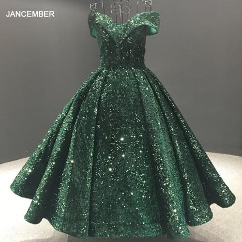 J66742 jancember formal dress v neck off the shoulder ball gown lace up back sequined green evening dress short abiti da sera
