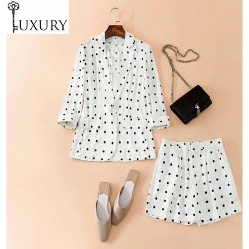 Fashion 2020 Women Summer Notched Collar Polka Dot Print Casual Blazer Jacket+White Short Sets & Suits Two Piece