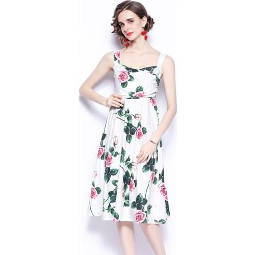 Summer Runway Wide Shoulder Strap Dress Women Runway Cross V Neck Folds Backless Floral Print Sleeveless Beach Sundress k2039