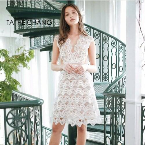 Women high-end new fashion elegant vestidos bodycon slim casual runway spring summer lace sexy mini dress white sleeveless
