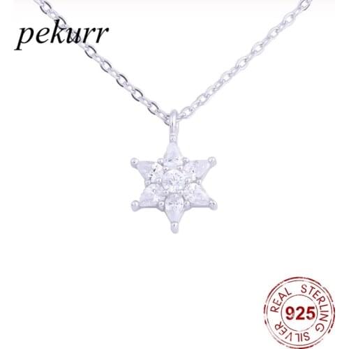 Pekurr 925 Sterling Silver Hexagonal Star Snowflake Zircon Necklaces For Women Silver Chain Collar Pendants Jewelry Christmas