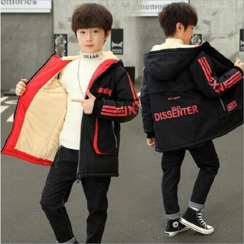 Winter 5-15Years Boys' Plush Thickened Coats Childrens Outwears Long Hooded Warm Cotton-Padded Clothes Jacket For Teens Kids