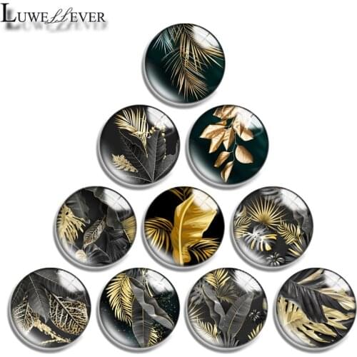 10mm 12mm 16mm 20mm 25mm 30mm 629 Golden Leaves Mix Round Glass Cabochon Jewelry Finding 18mm Snap Button Charm Bracelet