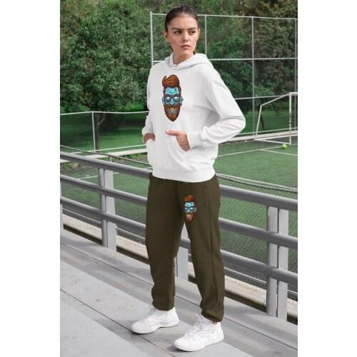 Angemiel Wear Entel Glasses Zombie Women Tracksuit Set White Hooded Sweatshirt Green Sweatpants