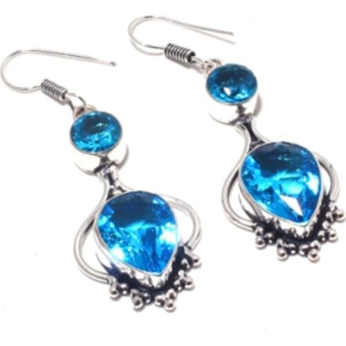 Blue Topas , Silver Overlay on Copper Earrings ,58 mm , E3753