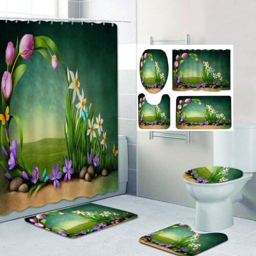 Hot Summer Shower Curtain Set Carpet Toilet Cover Bath Mat Sets Bathroom Curtain Waterproof With 12 Hooks Home Deco Free Ship