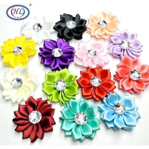 HL 10pcs/lot 35mm Lots Colors Satin Ribbon Flowers With Rhinestone Wedding Decorative Appliques