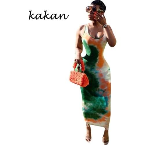 Kakan new womens sexy tie-dyed print dress summer hot temperament commuter long dress