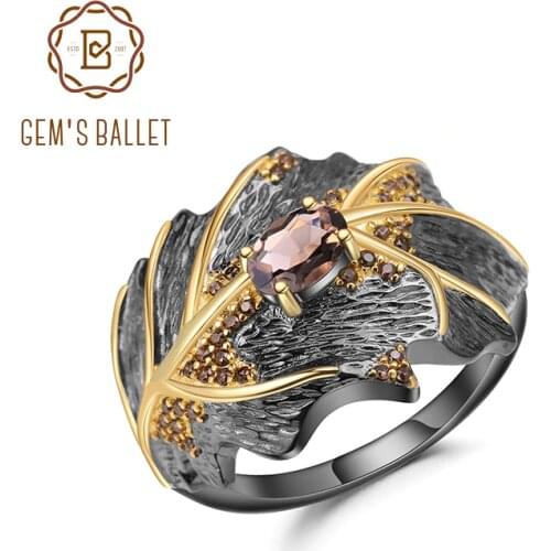 GEMS BALLET 0.75Ct Natural Smoky Quartz 925 Sterling Silver Handmade Rings for Women Bijoux Georgia O'keeffe Leaf Ring NEW