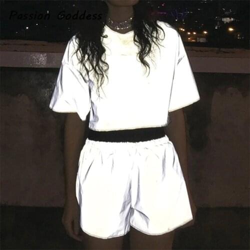 2 Piece Casual Women Reflective Tracksuits Set Bling Luminous T Shirts Shorts Femme Loose Hiphop Dance Cool Outfits Street Suits