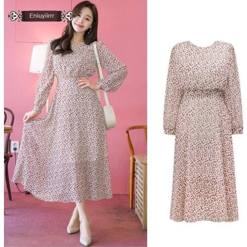 Beautiful elegant chiffon lace dress Women Long Sleeve Bow Tie Slim Waist Ribbon Floral Printed Chiffon Cute Dress Long E023