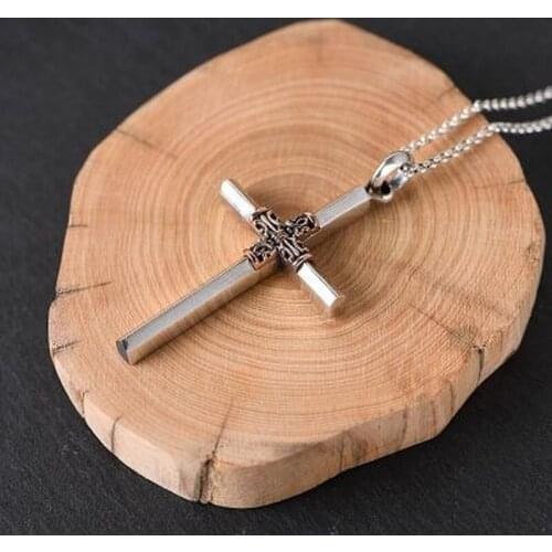 Cross Pendant 925 Sterling Silver Flower Carving With Gold Color Cross Vintage Personality Retro Type