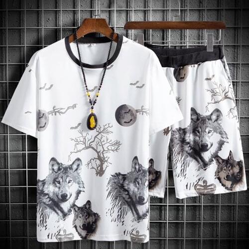 2021 summer ice silk sportswear round neck pullover casual suit fashion trend mens short-sleeved T-shirt five-point pants