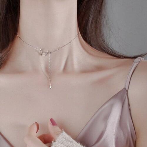 Luckydays New Simple Sweet Moon Star Long Pendant Necklace For Women Silver Temperament Gifts Clavicle Chain