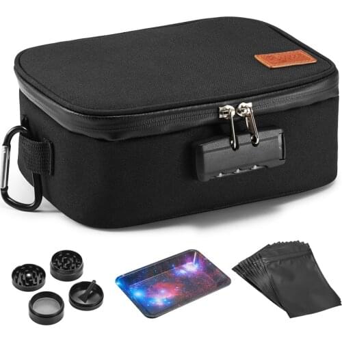 Smell-Proof-Bag with Combination Lock Container Box Travel Storage-Pouch 5xResealable Mylar Bag 1xGrinder 1xMetal Tray