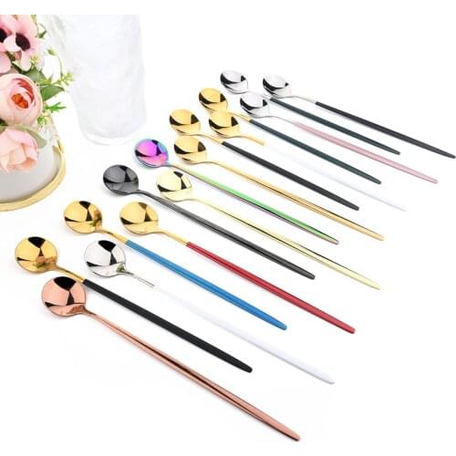 JANKNG Stainless Steel Long Handle Spoon Dinnerware Coffee Tea Stir Ice Spoon Black Cutlery Set Silverware Dinner Flatware Set