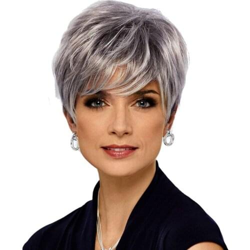 Wigs With Bangs for Woman Short Straight Gray Mixing Colour Synthetic Cosplay or Daily Use High Temperature Wig