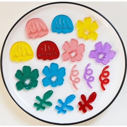 New 50pcs/lot color print transparent cartoon flowers/tulip/leaves shape acrylic beads diy jewelry earring/keychain accessory