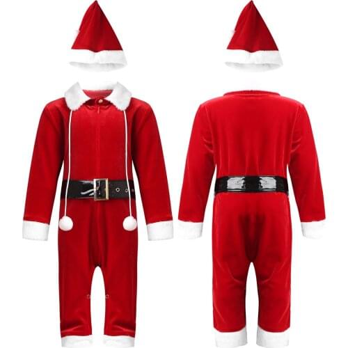 Christmas Infant Baby Boys and Girls Romper Outfit Stand Collar Strap Long Sleeve Baby Clothes With Hat Jumpsuit For 6-48M
