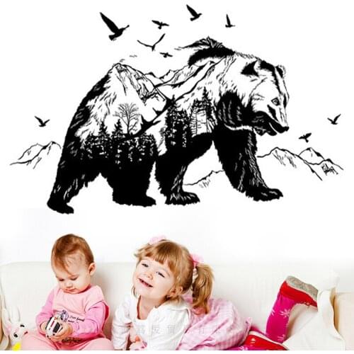 Forest silhouette Big Black Bear Wall Stickers Mountain Forest Bear Art Wall Poster For Living Room Kids Room Home Decor Murals