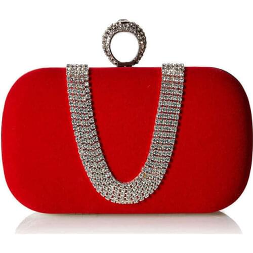 Suede Velvet Rhinestone Stud One Ring Decor Evening Cocktail Clutch Bag(Red)