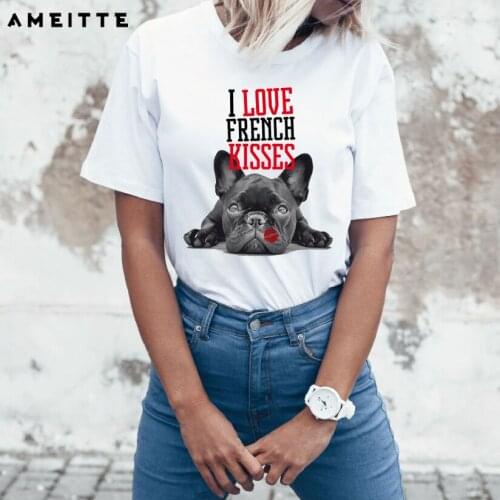 New Harajuku I Love French Kiss Letter Women T-Shirt French Bulldog Mom Print T Shirt Fashion Casual Tops Lovely Girl Tees