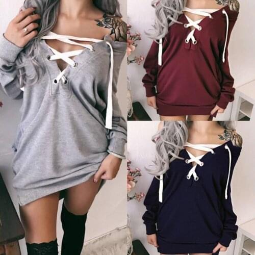 Casual Streetwear Sweatshirt Women Autumn Solid Color Long Sleeve V Neck Front Lacing Midi Pullover Sweatshirt Sexy Top 2021