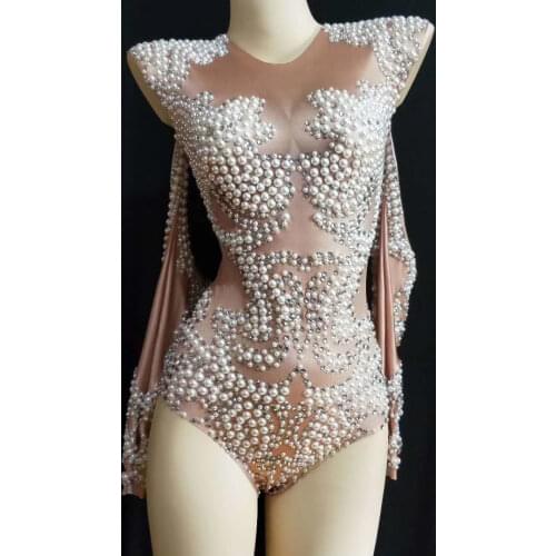 Glitter Diamonds White Pearls Women Off Shoulder Long Sleeve Bodysuits Pole Dancing Leotard DJ Singer Performance Stage Wear