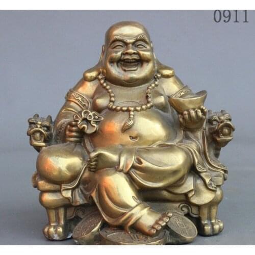 16x15x13 cm Chinese Brass Wealth Fu Sit Dragon Chair Happy Laughing Maitreya Buddha Statue