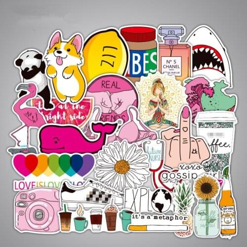 50PCS DIY Cartoon Girl Pink Flamingo Stickers Room Decoration Wall Decor Laptop Luggage Living Room Wall Sticker Outdoor Camping