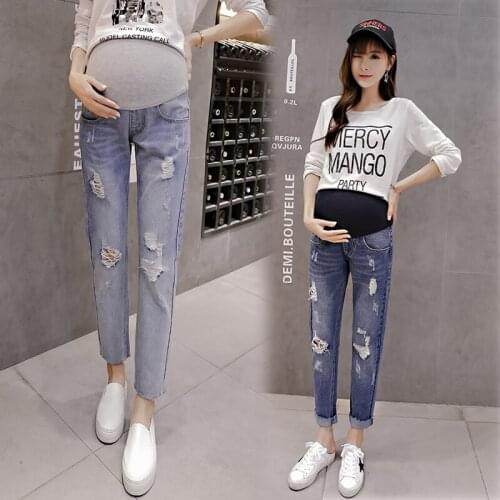 8904# Maternity pants Spring Autumn Jeans Belly Support Pants Slimming Hole Decoration Maternity Trousers