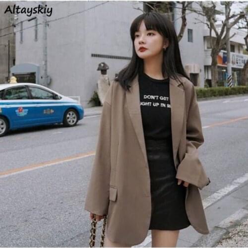 Blazers Women Chic Spring Autumn Loose Retro Leisure Office Pockets Single-breasted Solid Button Simple Elegant Vintage Ulzzang