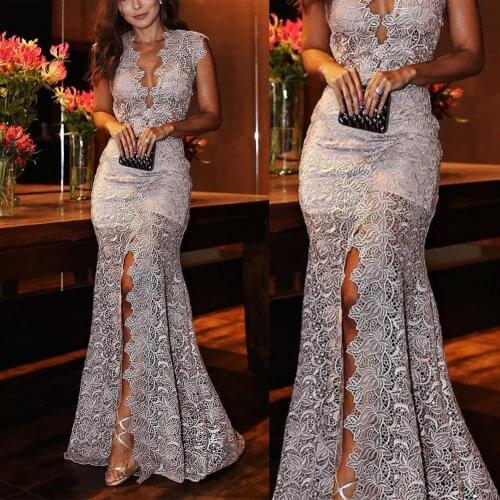 Women Sexy Deep V Neck Sleeveless Hollow Lace Slit Slim Party Maxi Dress Comfortable and relaxed stylish sweet gift