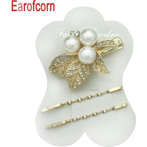 Earofcorn Gorgeous Fashion Design Golden Leaves Flash Drilling Pearl Hair Clip Boutique Combination Set Hair Accessories