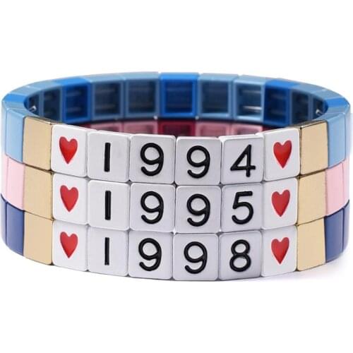Enamel Number Tile Bracelet Metal Square Beaded Charm Bracelet Friendship Gift Strand Bracelet Armband Wrap Bracelet Jewellery