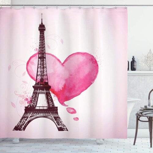 Eiffel Tower Shower Curtain Eiffel Romantic Valentine Love Watercolor Theme Heart Leaf Silhouette Print Bathroom Decor