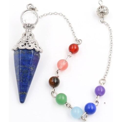 FYSL Silver Plated Hexagon Pyramid Lapis Lazuli Pendant with Stone Beads Chain Healing Chakra Jewelry