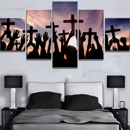 Five-Piece Hd Prayer Cross At Sunset Modern Decorative Canvas Painting Home Decor Living Room Wall Art Poster Frameless Mural