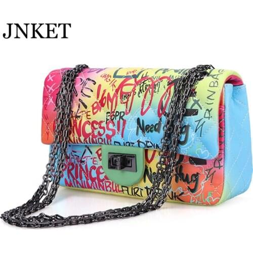JNKET New Fashion Womens Graffiti Shoulder Bag PU Leather Chain Bag Casual Sling Bag Crossbody Bag