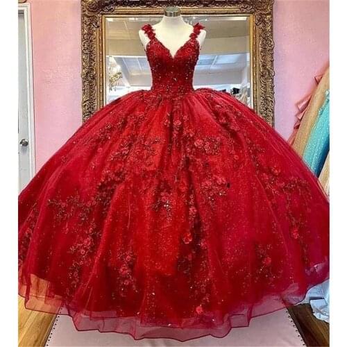 Red Vestidos de XV años Quinceanera Dresses with 3D Flowers Applique Corset Top Beaded Ball Gown Sweet 16 Dress Plus Size
