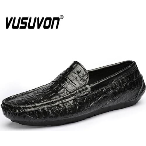 Crocodile Leather Men Loafers Non-slip Driving Shoes Mens Flats Comfortable Casual Shoes Black Slip on Men Shoes