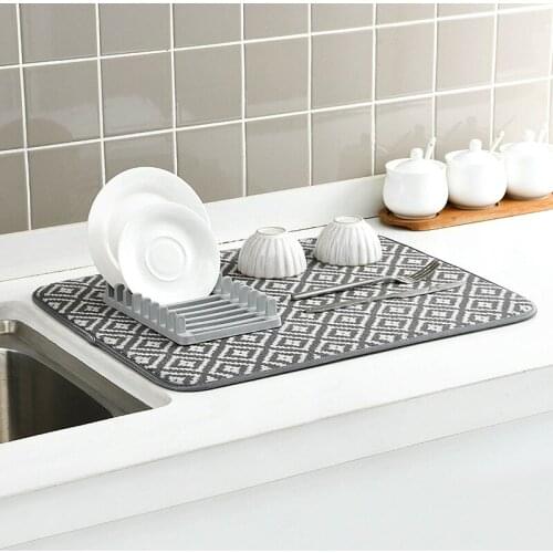 Set of 2 Polyester Sponge Dish Drying Mat and Plastic Drainer Rack Kitchen Orgainzer Storage Conatiner Tools Dinnerware Holder