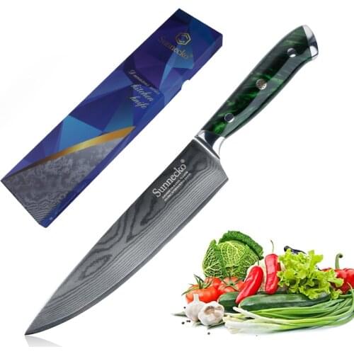 Sunnecko 8'' Chef Knife Damascus Japanese VG10 Steel Blade Chef Kitchen Knives Green Resin Handle Sharp Fruit Meat Cutter knives