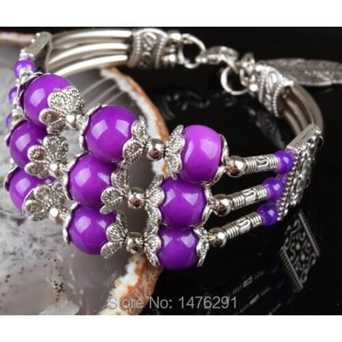 Charm Tibetan Silver Purple Glass Round Beads Bracelet Bangle 6.5"L-7"L