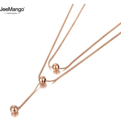 JeeMango Bohemia 316L Stainless Steel Double Layer Round Ball Choker Necklaces Jewelry Pendant Chain Necklace For Women JN20074