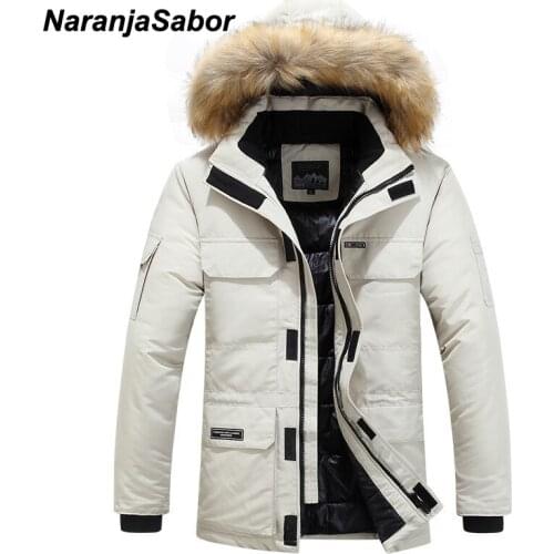 NaranjaSabor Mens Winter Warm Parka Coats Solid Color Fur Collar Hooded Jackets Fashion Casual Thick Male Parkas Outerwear N730