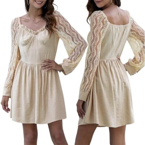 Lace stitched womens dress, new fashion in summer, long sleeve lace sewn Ruffle decoration,high waist version of Jumpsuit skirt