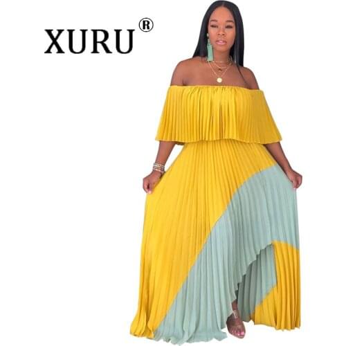 XURU large size loose chiffon dress summer new womens beach long dress one word shoulder pearl pleated stitching dress